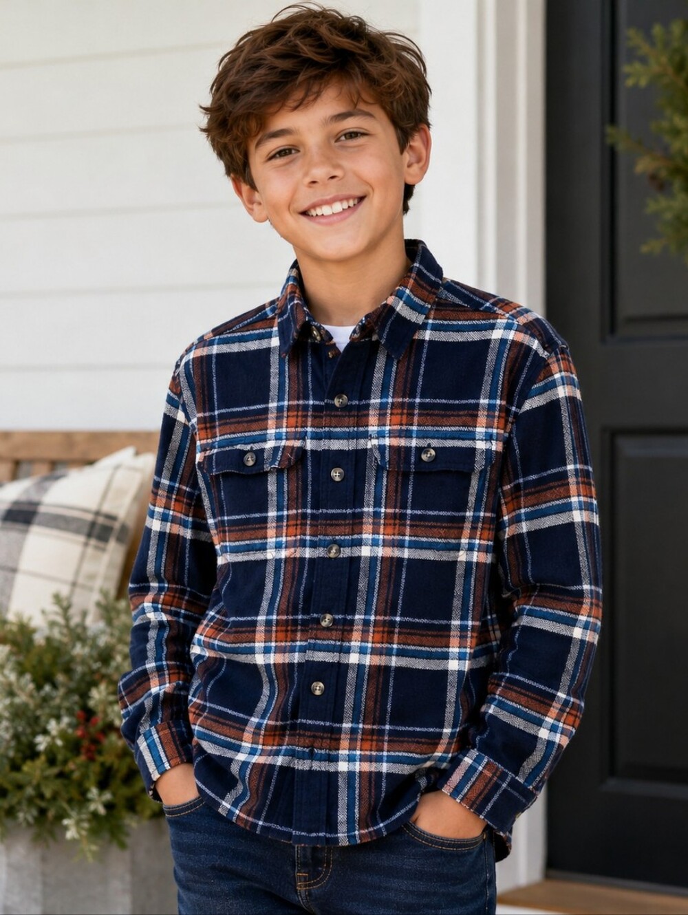 Abercrombie Kids Plaid Flannel Shirt Size 11/12 Blue Orange Button Up